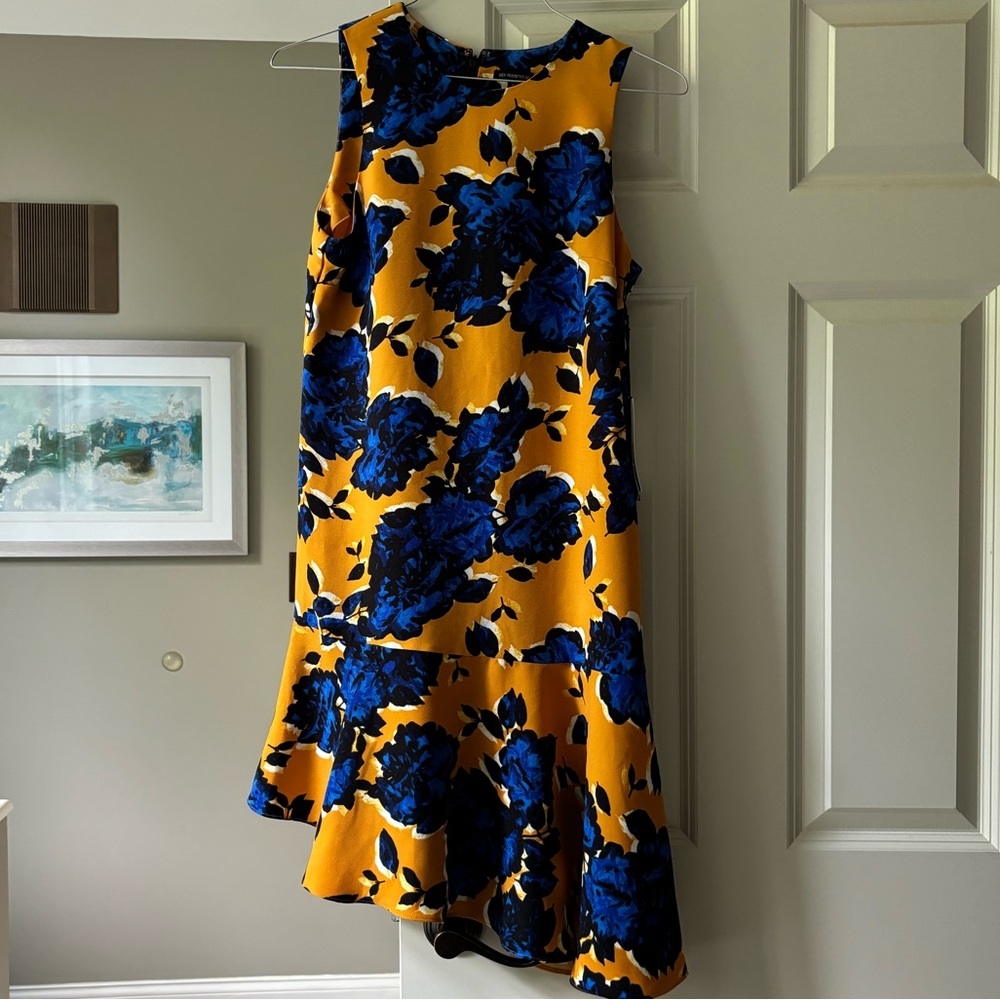 New Floral Asymmetrical Midi Dress small 4-6 blue yellow nwt